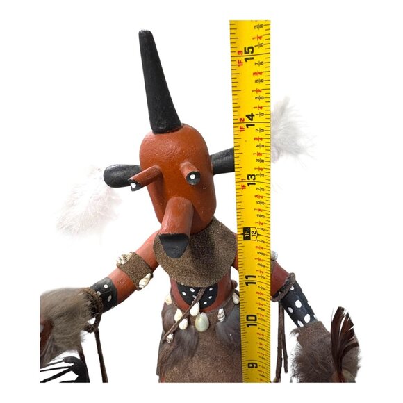 Vintage Mudhead Native American Kachina Doll  Feathers & Drum Signed Lang 16" - Picture 6 of 13
